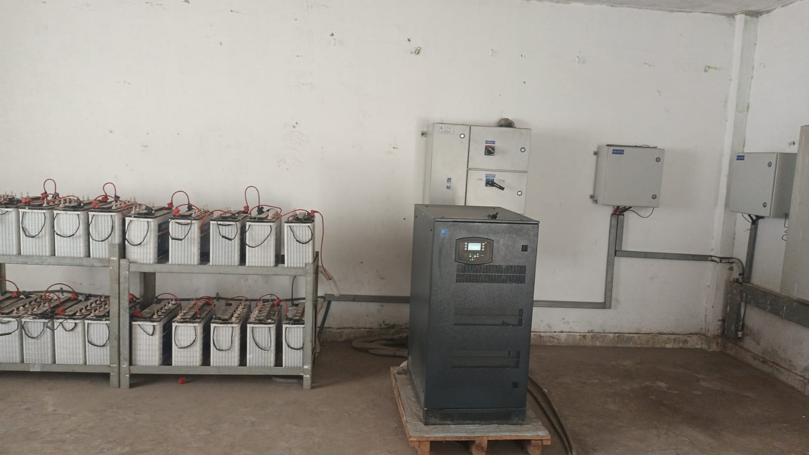 Battery bank and hybrid power conditioning unit of the 48 kWh storage system at Shree Ganesh Frozen Foods, Surajpur, Greater Noida